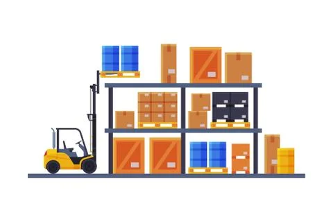Warehouse Interior, Shelves with Cardboard Boxes and Forklift Flat Style Vector Illustrazione stock