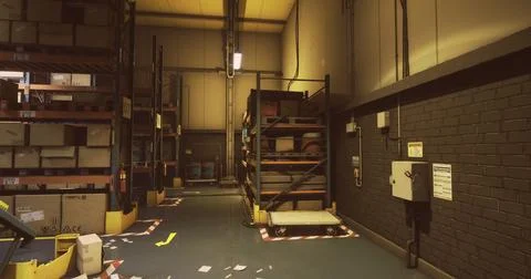 Warehouse interior showcasing organized storage and cluttered floor space Stock Illustration