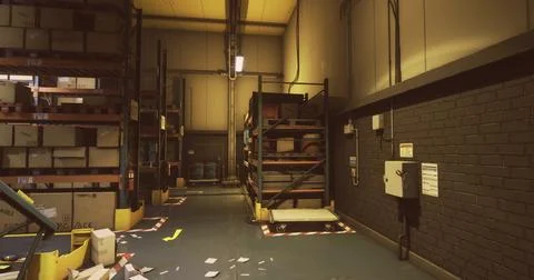 Warehouse interior showcasing shelves with boxes during daylight hours Stock Illustration