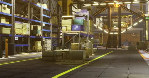 Warehouse interior showcasing storage setup and organization at dusk Stock Footage 313674516