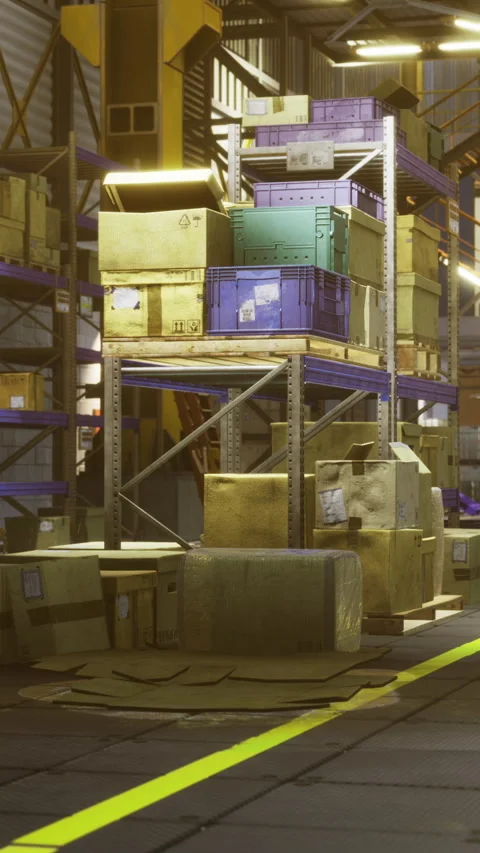 Warehouse interior showcasing storage setup and organization at dusk Stock Footage 327264734
