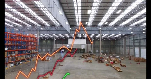 Warehouse interior showing racking and boxes, glowing graph lines emerging from Stock Footage 332275641