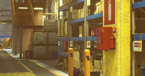 Warehouse interior showing storage shelves and safety equipment in operation Illustration