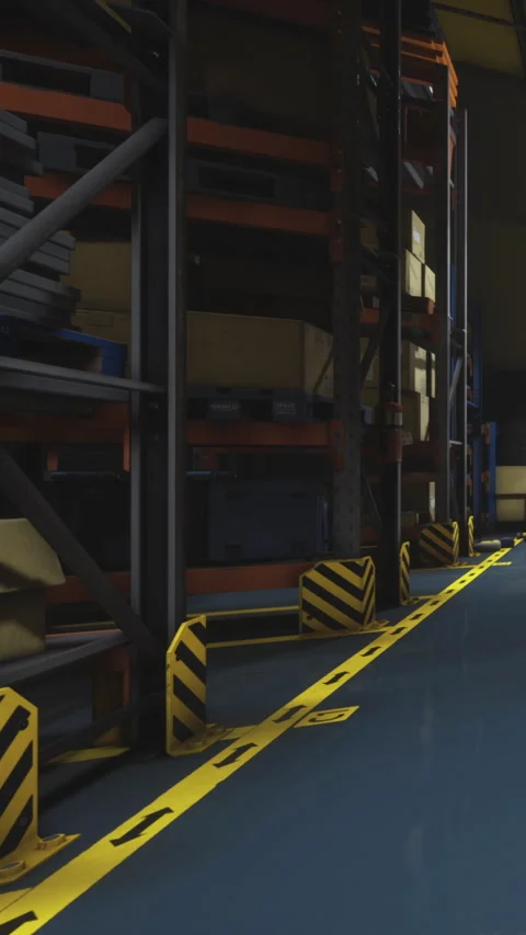 Warehouse interior shows shelves and safety markings for workers Stock Footage 334881691