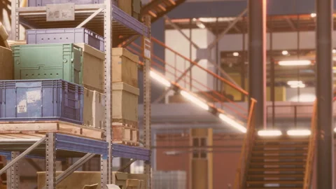 Warehouse interior shows stacked crates and industrial design elements Stock Footage 339457745