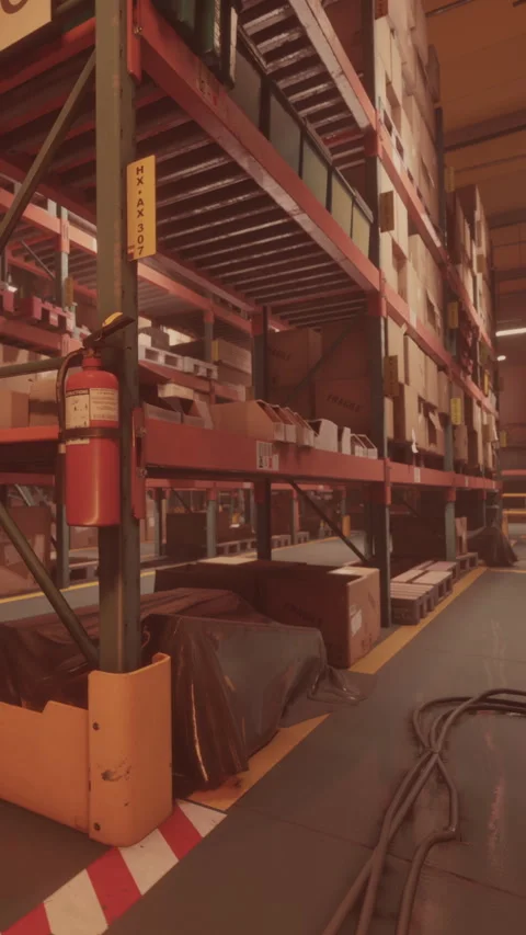 Warehouse interior with storage racks and safety equipment during day Stock Footage 338416170