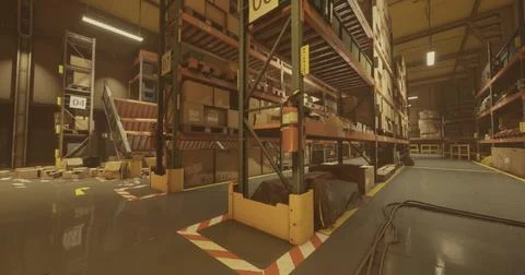 Warehouse interior with storage racks filled with boxes and pallets Illustrazione stock