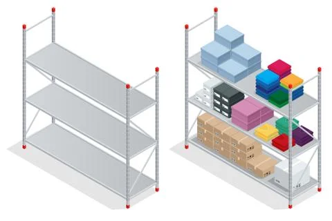 Warehouse interior. Storehouse, goods. Empty warehouse shelves. Illustrazione stock