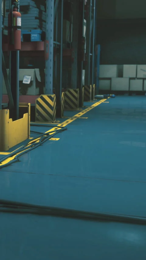Warehouse interior with structured storage and safety features in use Stock Footage 333565549