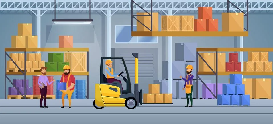 Warehouse interior vector illustration. Inside factory working process Stock Illustration