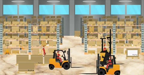Warehouse interior with workers, racks, hydraulic trolley,forklift, pallet cargo Stock Footage 164426617