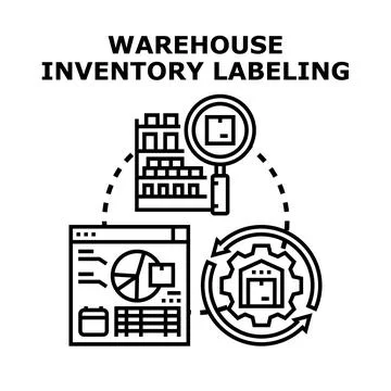Warehouse inventory labeling process managing retail logistic data Stock Illustration