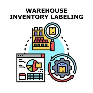 Warehouse inventory labeling process managing retail logistic data Stock Illustration