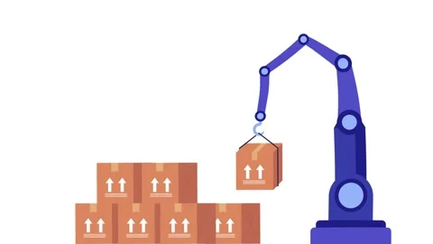 Warehouse inventory management with robotic arm handling parcel boxes animation Stock Footage 241831664