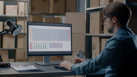 Warehouse Inventory Manager Works with a Spreadsheet on a Personal Computer Stock Footage 95988014