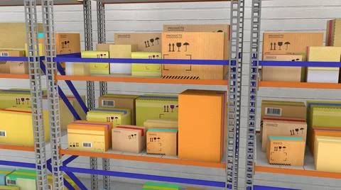 Warehouse with iron racks and boxes on them. 3d render Illustrazione stock