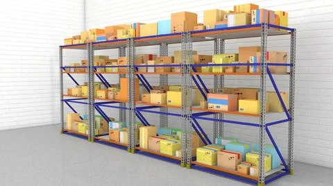 Warehouse with iron racks and boxes on them. 3d render Illustrazione stock