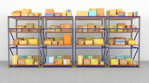 Warehouse with iron racks and boxes on them. 3d render Stock Illustration