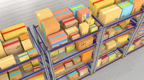 Warehouse with iron racks and boxes on them. 3d render Illustrazione stock