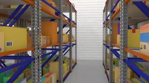 Warehouse with iron racks and boxes on them. 3d render Stock Illustration