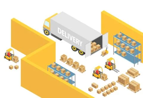 Warehouse isometric 3D warehouse interior map illustration with logistics Stock Illustration