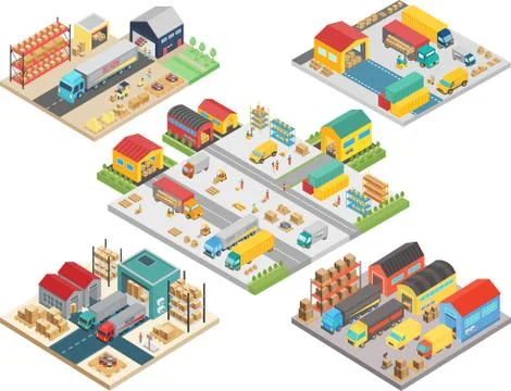 Warehouse isometric concept with workers, warehouse storage building, loading Stock Illustration