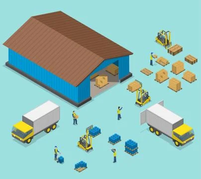 Warehouse isometric flat vector illustration. Stock Illustration