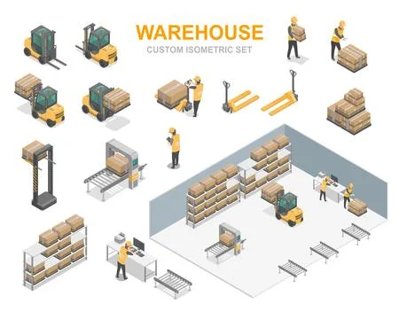 Warehouse isometric set management iot system Illustrazione stock