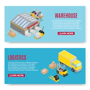 Warehouse isometric vector illustration with storage building shelves, loader Stock Illustration