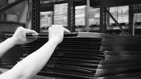 Warehouse large storage or logistic or cargo for distribution. and man's hand Stock Photos