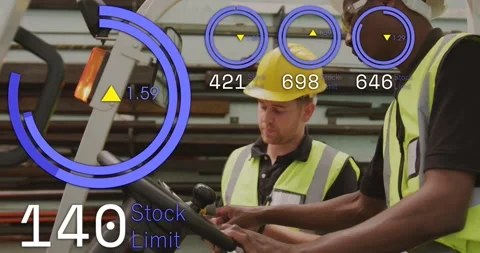 Warehouse lead guiding operator to reduce stock limit, pointing at HUD, gauges Stock Footage 331006216