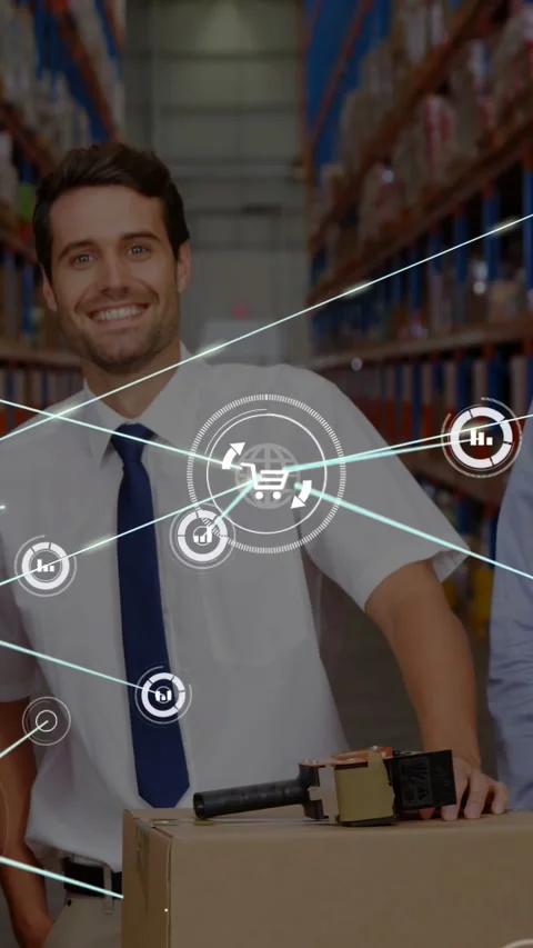 Warehouse lead leaning on box smiling, HUD cart expanding, nodes overlaying Stock Footage 333109428