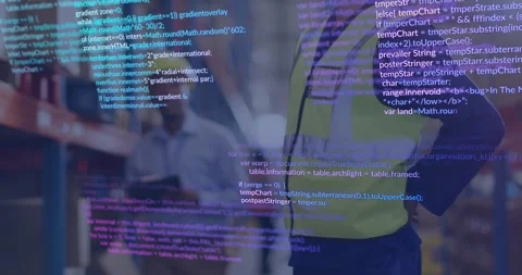 Warehouse lead standing while code overlay scrolling and operator using tablet Stock Footage 309688905