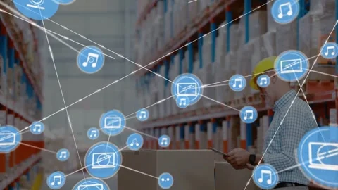 Warehouse lead tapping tablet updating stock and activating spreading blue node Video stock 334115511