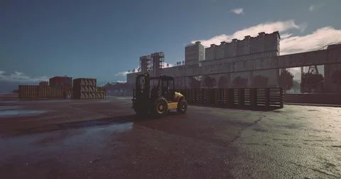 Warehouse loading area with forklift at sunrise in industrial setting Stock Illustration