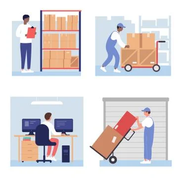 Warehouse loading boxes vector illustration, cartoon flat worker staff people イラスト素材