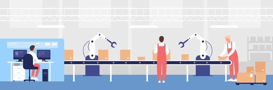 Warehouse loading conveyor vector illustration, cartoon flat worker people work Stock Illustration