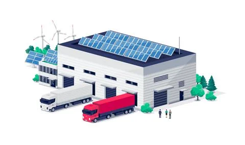 Warehouse logistic hall centre with semi truck unloading process and solar pa Stock Illustration