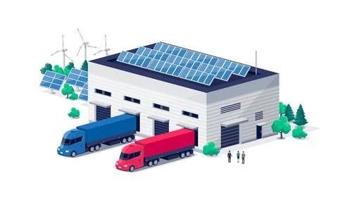 Warehouse logistic hall centre with semi truck unloading process and solar pa Stock Illustration