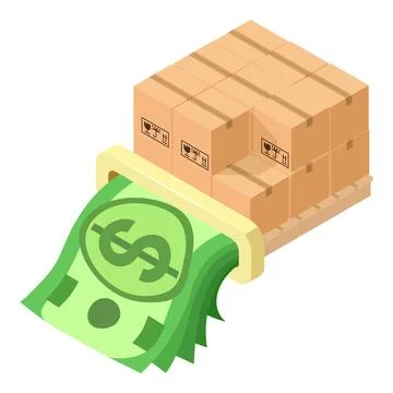Warehouse logistic icon isometric vector. Parcel box on pallet and dollar bill Stock Illustration