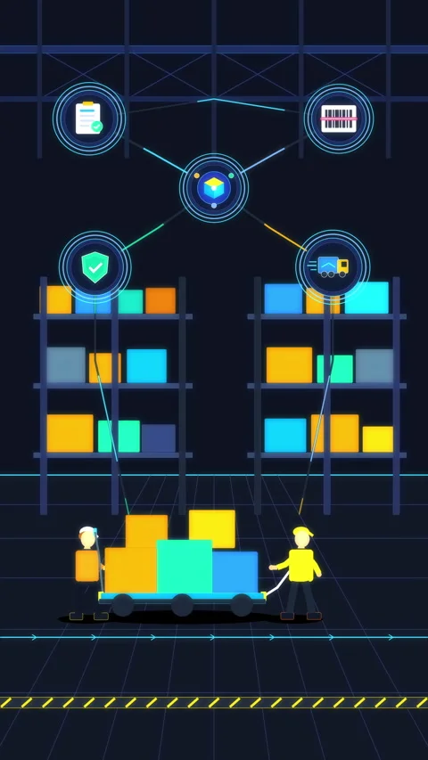 Warehouse logistics automation animation with pixel workers and boxes Stock Footage 346541015