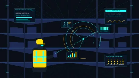 Warehouse logistics automation animation with robot and inventory HUD Stock Footage 346543793