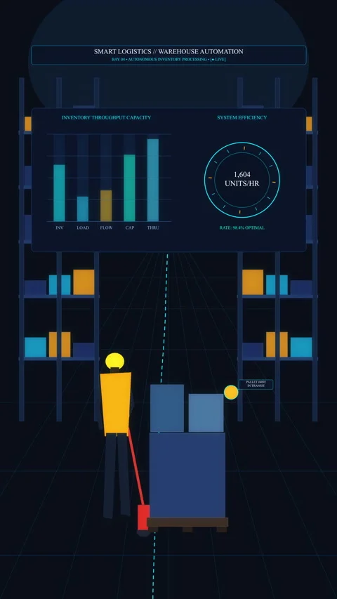 Warehouse logistics management animation with analytics chart and worker Stock Footage 346541134
