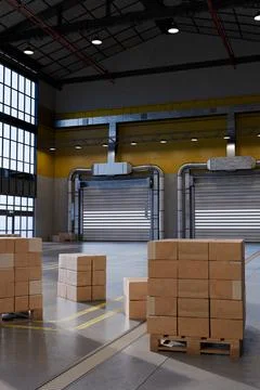 Warehouse logistics with palletized cardboard boxes. 3d render Stock Illustration