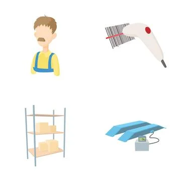 Warehouse logistics process icons with worker and equipment Stock Illustration