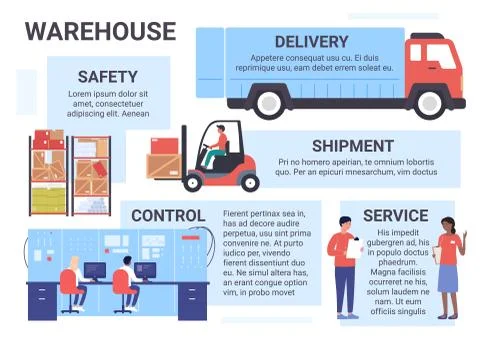 Warehouse logistics service infographic vector illustration with control over Stock Illustration