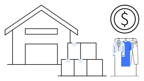 Warehouse Logistics with Stacked Boxes, Clothing on Rack, and Currency Symbol イラスト素材