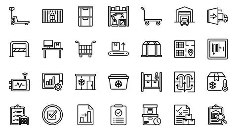 Warehouse Logistics Supply Chain Cold Storage Automation Line Icon Set Stock Illustration