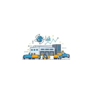 Warehouse logistics with trucks and data analytics Stockillustratie