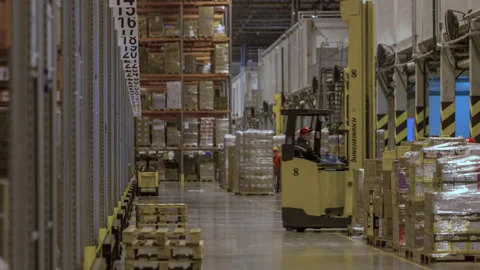 Warehouse long shot. Perspective. Motion time lapse. UHD 4K Stock-Footage 120388786